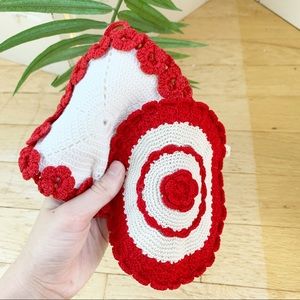 Vintage Pair Pot Holders, Red White Kitchen Decor, Crocheted Pot Holders, Retro